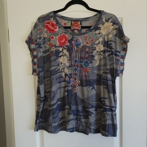 Johnny Was Florence Relaxed Tee Blue Camo Embroidery